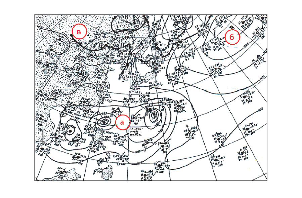 25. В каком из вариантов ответа правильно названы формы барического рельефа на карте погоды?