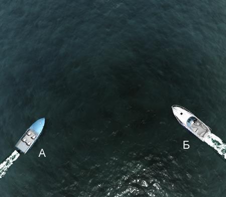 4. Какой из маневров на моторной лодке "А" является наиболее эффективным, чтобы уступить дорогу катеру "Б"?