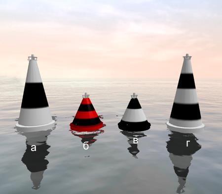 83. Какой из изображенных на иллюстрации плавучих навигационных знаков обозначает поворот оси судового хода и называется поворотно-осевым?